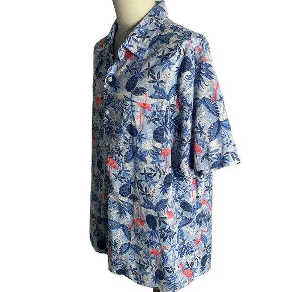 IZOD Reverse Print Button Up Hawaiian Shirt XXL Blue Flamingo Chambray Pocket - Picture 3 of 6